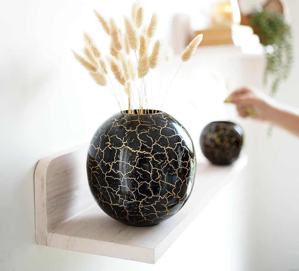 BEHOMA Metal Ball Vase for Home Decor|Flower Pot for Bedroom Living Room Office Wedding|Flowers Arrangement for Birthday Anniversary Festival|Black Crackled Medium 