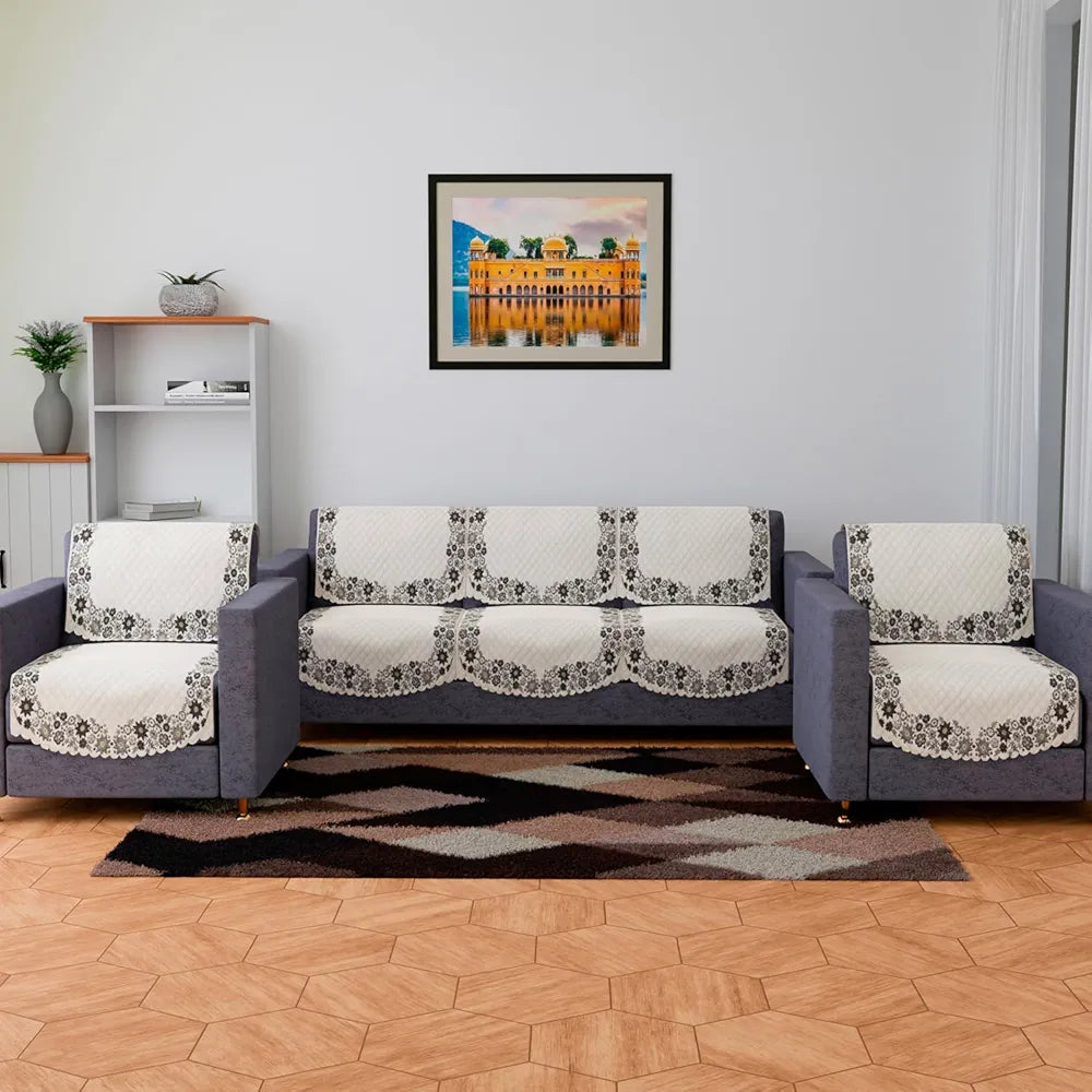 Kuber Industries Velvet Sofa Cover Set - Digital Painting Quilted SUEDE Ultra Sonic Couch Cover for Living Room and Hall - Cream
