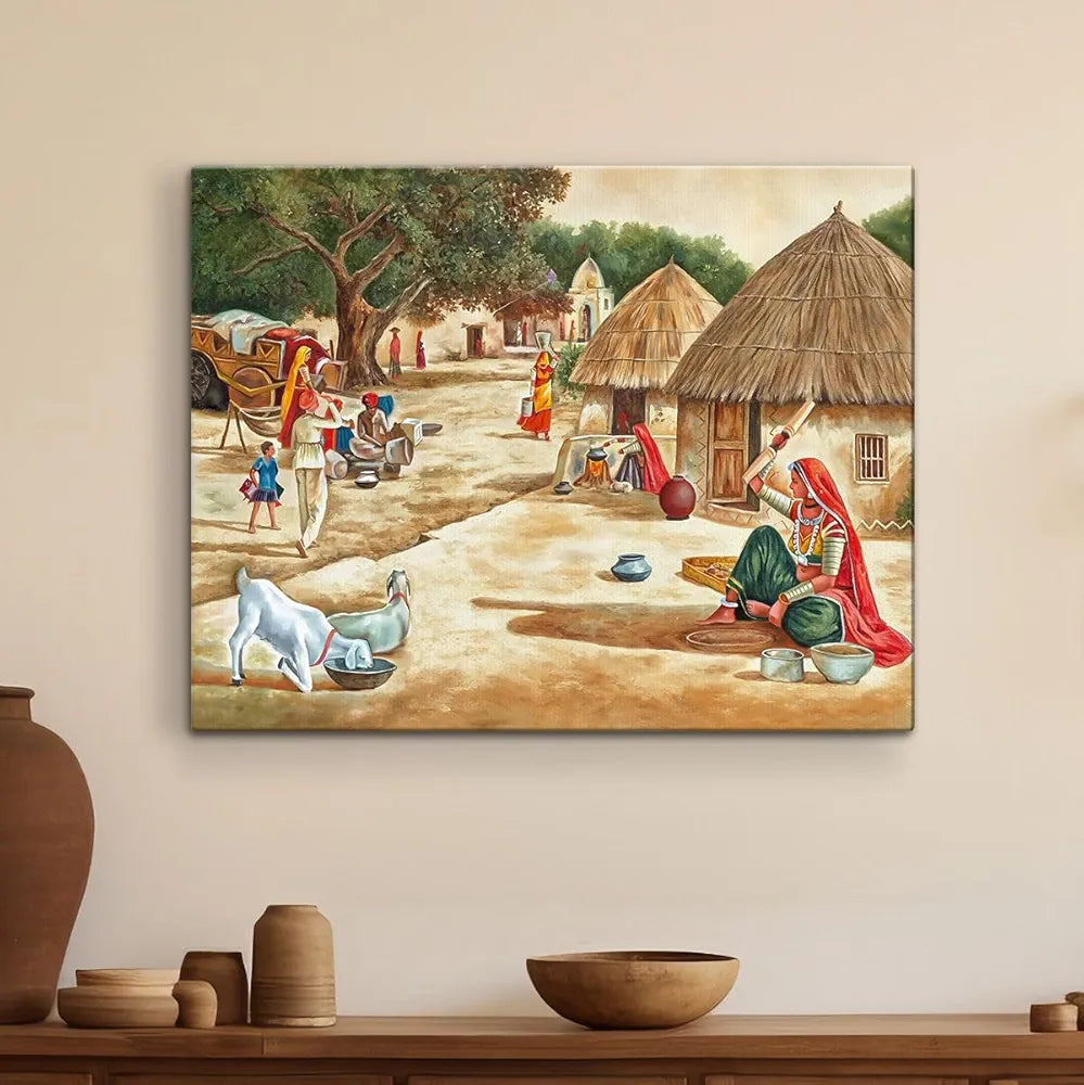 ArtX Paper Indian Village Scene Nature Wall Art Painting, Wall Decor For Living Room, Multicolor, Nature, 58.0 X 45.0 cm, Set of 1