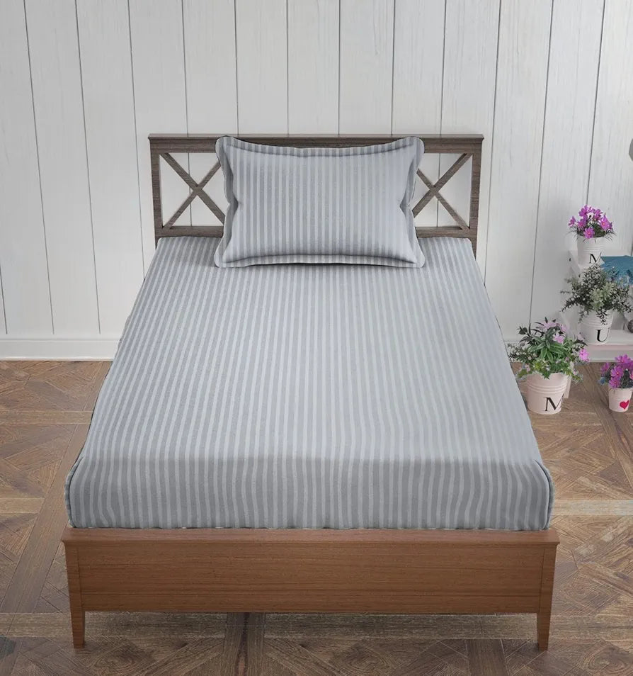 Trance Home Linen 100% Cotton 78x36 inch Single Fitted 200TC Satin Stripe Elastic Fitted Bedsheet | Single Bed Size Daily use Fitted Bedspread with 1 Pillow Covers 