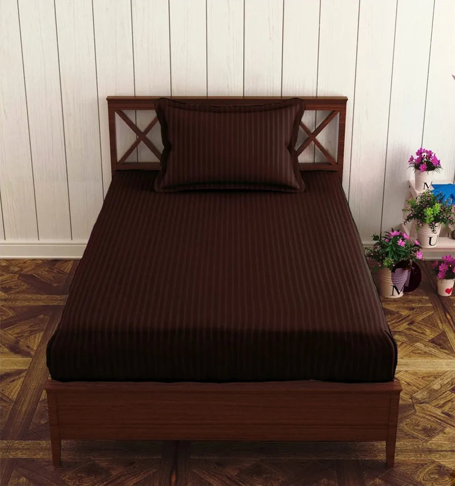 Trance Home Linen 100% Cotton 78X36 Inch Single Fitted 200Tc Satin Stripe Elastic Fitted Bedsheet|Single Bed Size Daily Use Fitted Bedspread With 1 Pillow Covers 