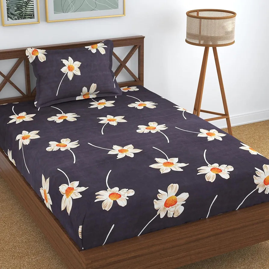Homefab India 180 TC Microfiber Single BedSheet with 1 Pillow Cover - Dark Grey, Floral