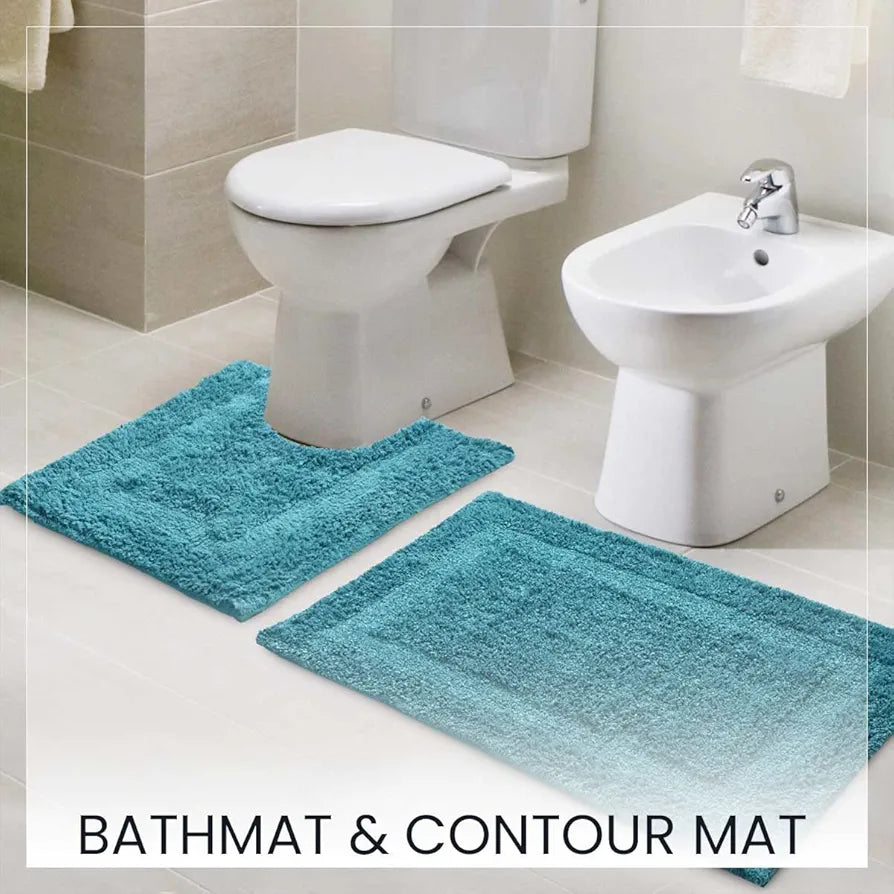 SASHAA WORLD Solid Anti-Skid Cotton Bathmat and Contour Set for Bathroom| Ultra Soft & Absorbent, Tufted Weave | Anti-Slip Latex Backing, Includes Contour Mat and Rectangle Mat | 50x80 cm Blue