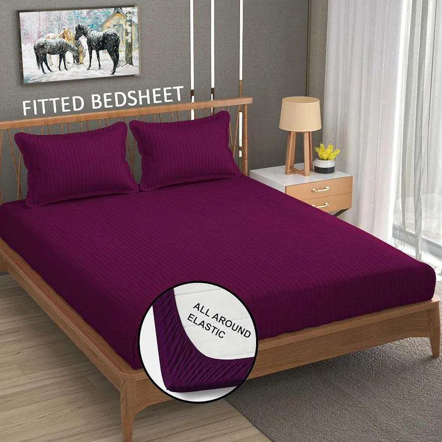 Homefab India 160 TC Stripe Cotton Feel Glace Cotton Elastic Fitted King Size Double Bed Bedsheet with 2 Pillow Covers Fits Upto 6 inches Mattress, Size-72X78 inches, Dark Pink