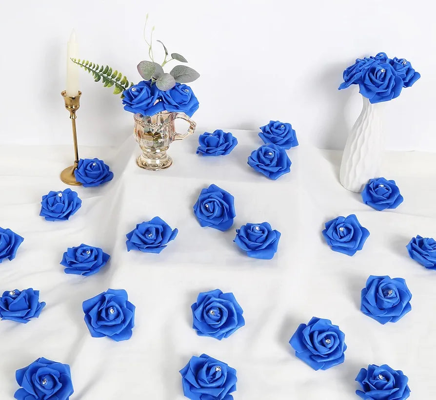 IPOPU 100pcs Royal Blue Artificial Rose Heads with Crystal 3in Real Looking Foam Fake Roses for DIY Craft Wedding Bouquets Wall Decoration Bridal Shower Arrangement Home Decorations