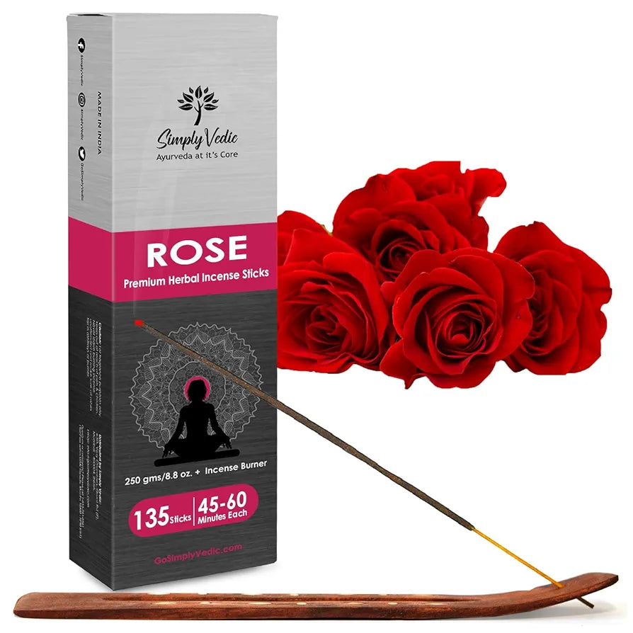 Simply Vedic Rose Incense Sticks 250g with Holder – 135 Hand-Rolled Agarbatti | Natural, Charcoal-Free, Long-Lasting Floral Aroma for Meditation, Yoga, Aromatherapy, Spiritual Healing & Gift Use