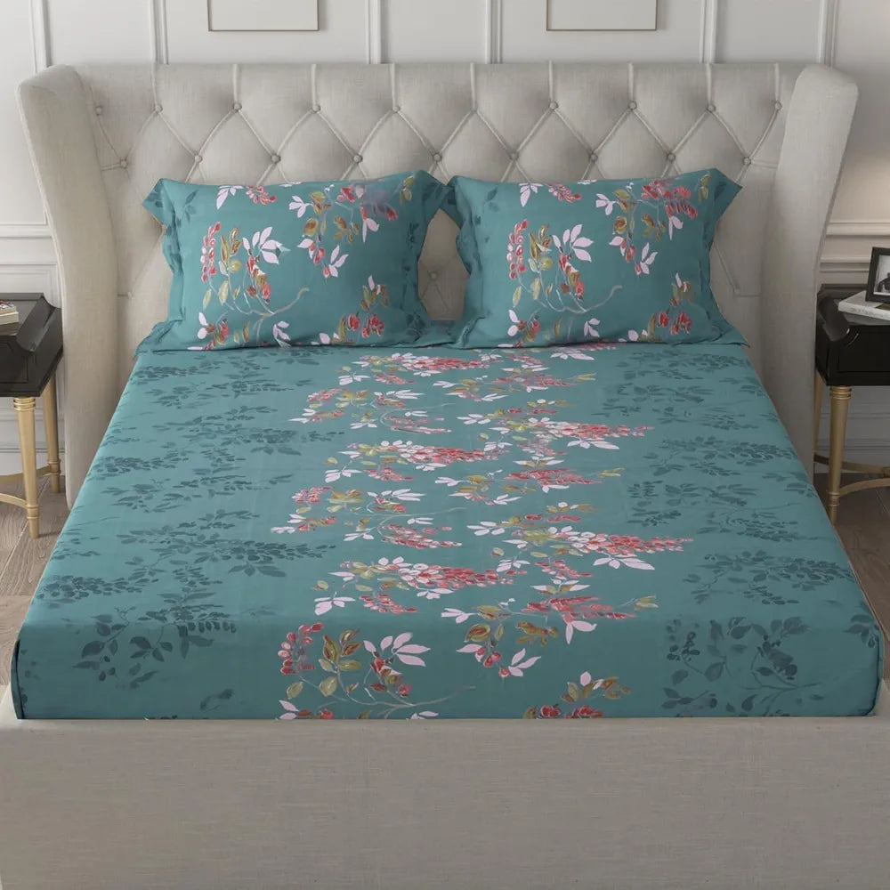 Cloth Fusion 186tc Glace Cotton Elastic Fitted Bedsheet for Double Bed King Size with 2 Pillow Covers, Soft Wrinkle Free Elastic Bedsheets for King Size Bed 