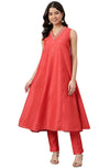 Janasya Women's Red Art Silk Embellished Kurta with Pant