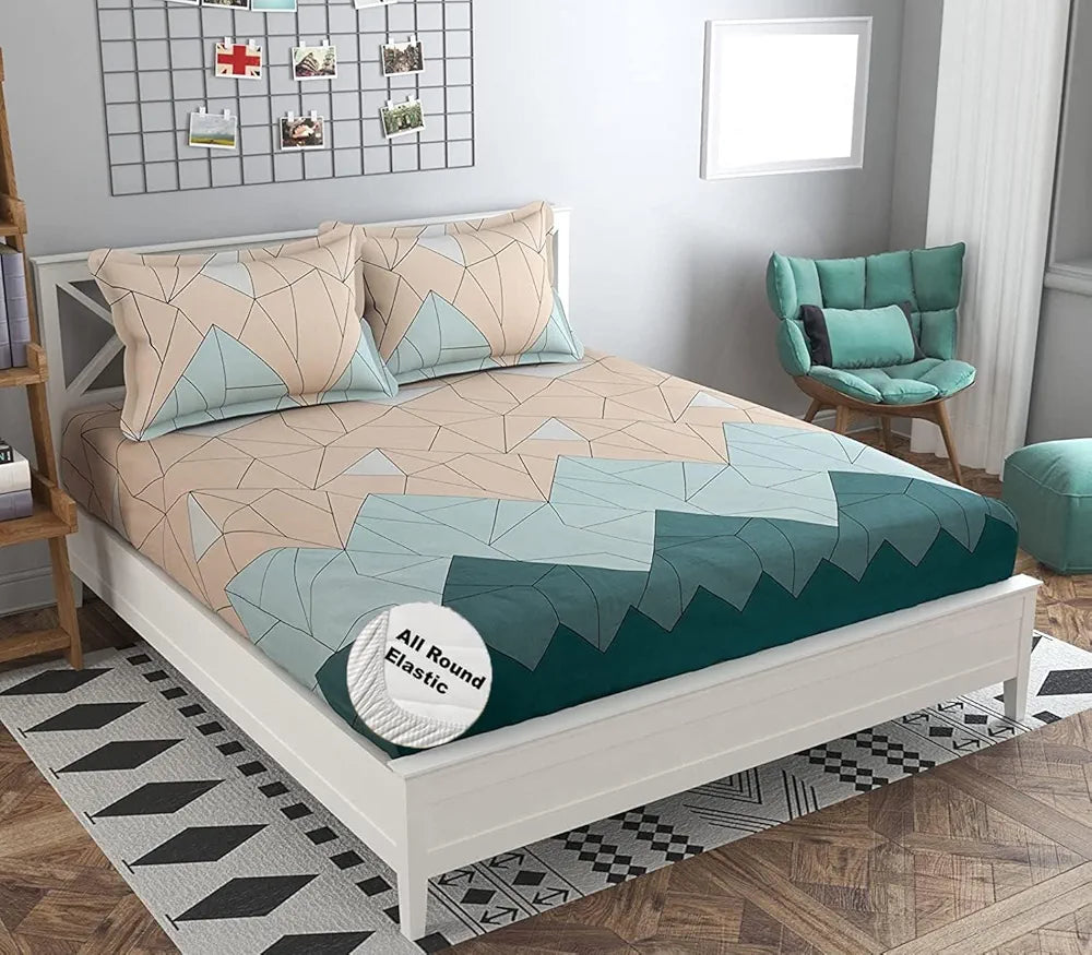 FRESH FROM LOOM Soft Microfiber Fitted Floral Bedsheet King Size Bed With Two Pillow Cover,Elastic Fitted Bed Sheets,Hypoallergenic,Beige Green),144 Tc