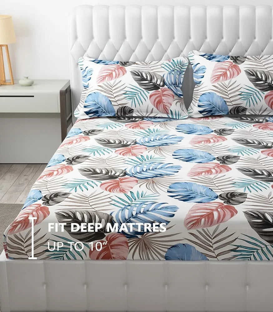 FRESH FROM LOOM Elastic Fitted Floral Bed Sheets King Size Bed With Two Pillow Cover | Soft Microfiber Bed Covers For Mattresses Tuck In | Fitted Bedsheet , 144 Tc