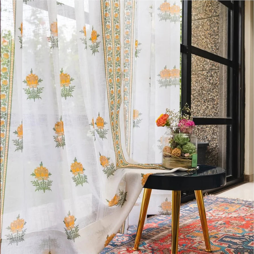 Urban Space Printed Sheer Linen Curtains for Door, 35-40% Light Filtering Linen Textured Decorative Curtains with Eyelets and TieBack for Bedroom,Set of 2 Curtains,