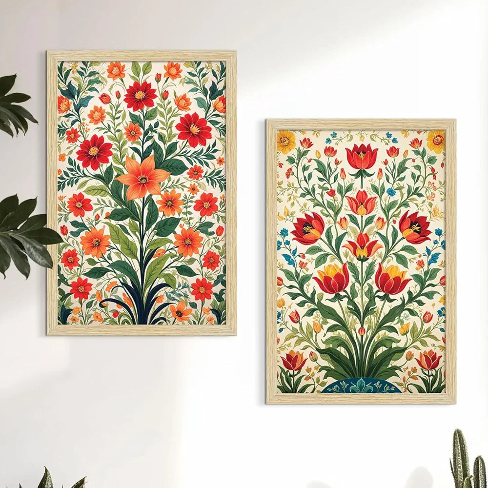 ArtX Paper Flowers Art Paintings with Frame for Home Decor, Floral Wall Painting for Living Room, Multicolor, Natural Wood Color Frames, Set of 2