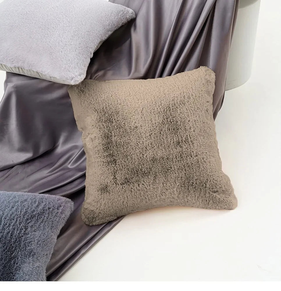 Luxe Home Cushion Cover 16 inch x 16 inch One Side Rabbit Fur Plain Design Covers Set of 2 for Sofa, Bedroom, livingroom 