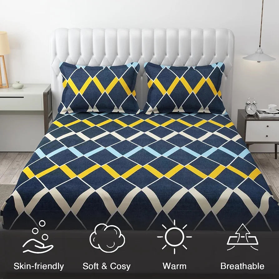 FRESH FROM LOOM Microfiber King Size Double Printed Bedsheet - Hypoallergenic Wrinkle Free Bed Sheets with 2 Pillow Covers , 144 TC