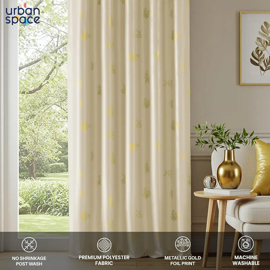 Urban Space Blackout Curtains for Living Room, Gold Foil Printed Luxurious 100% Blackout Decorative Door Curtain Eyelet with Tieback, 1 Piece 