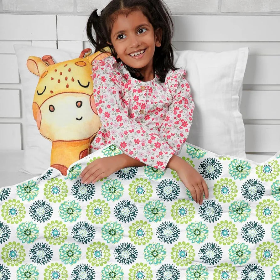 Divine Casa Floret 100% Cotton Single Kids Dohar | 120 GSM | Soft & Lightweight Throw Blanket | Cozy & Breathable Bedding | All-Season Comfort | 140 x 100 CM, Green Blue