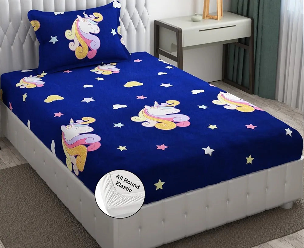 FRESH FROM LOOM Glace Cotton 300 TC Wrinkle Free Soft Elastic Fitted Bed Sheet|Cartoon Printed Bedsheets For Kids With 1 Pillow Cover Dinosaur/Blue), Smallsingle