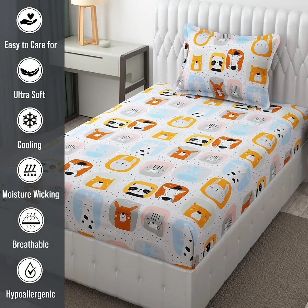 FRESH FROM LOOM Glace Cotton 300 tc Wrinkle Free Soft Hypoallergenic Elastic Fitted Cartoon Printed|Bedsheet For Boys & Girls Room |Cream/Panda), Smallsingle