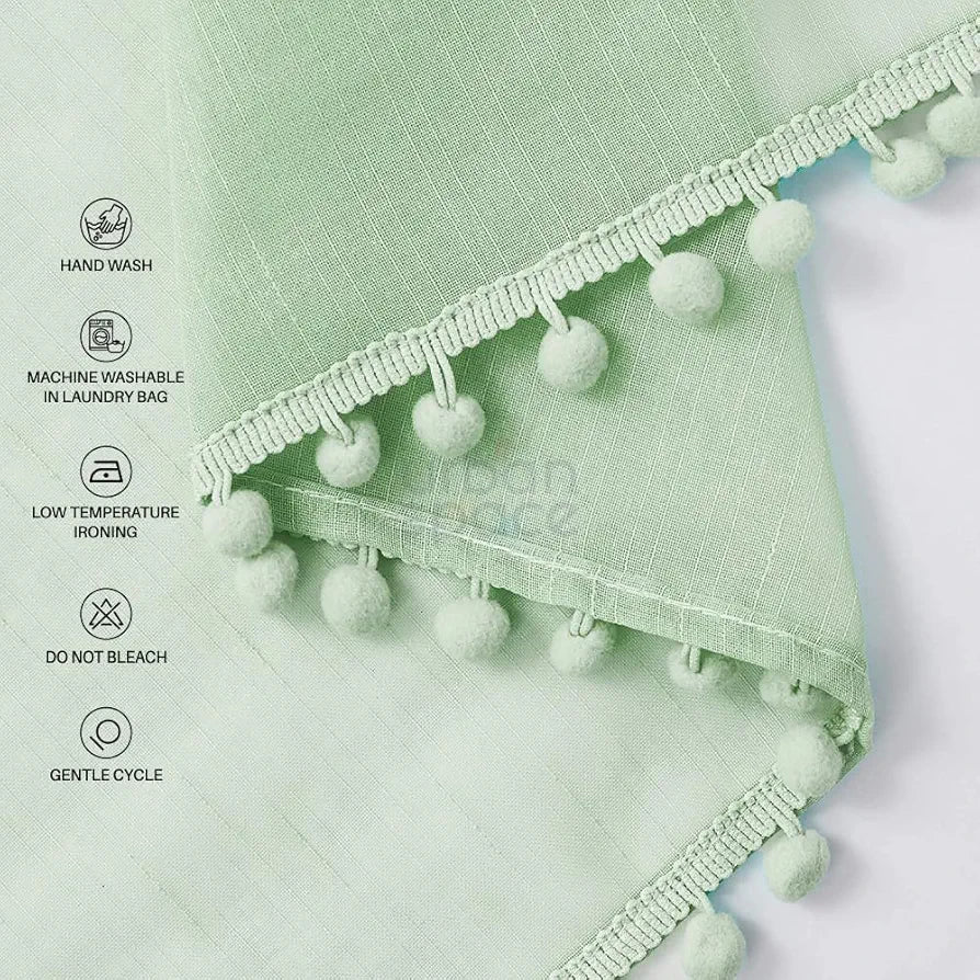 Urban Space Linen Textured Sheer Curtain for Door, 35-40% Room Darkening, Decorative Curtains with Tieback, Eyelets Hanging Style, Set of 2 Curtains - Mint Green with pom pom 