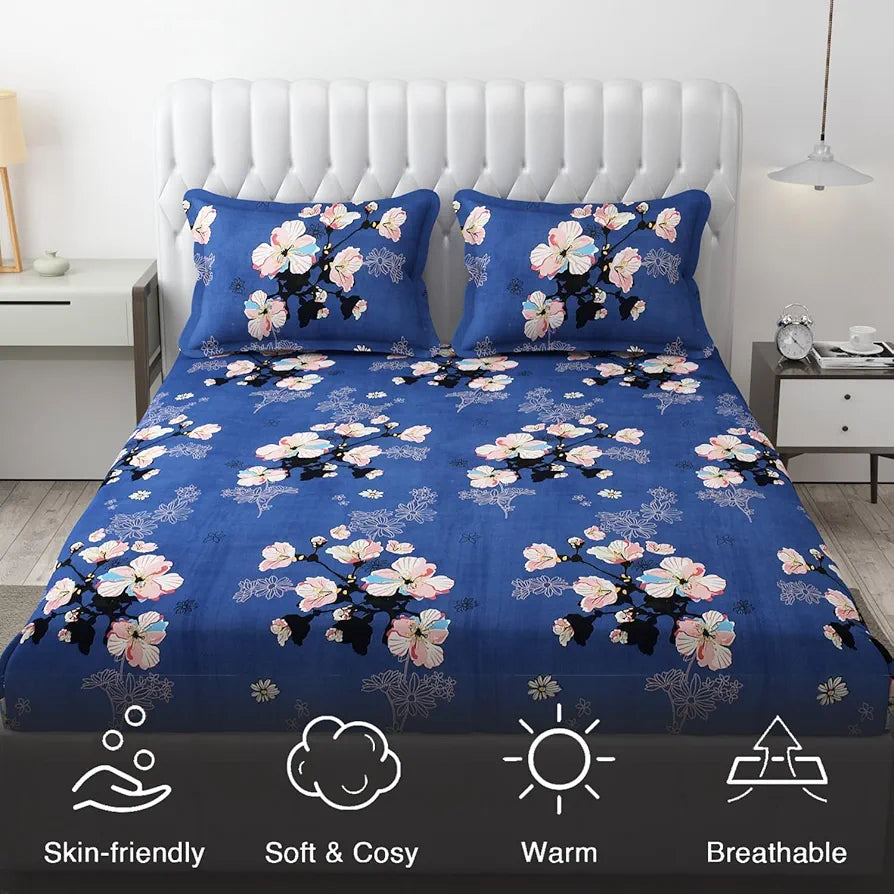 FRESH FROM LOOM Rotary Printed King Size Double Bedsheet-Hypoallergenic,Wrinkle Free Microfiber Bed Sheets With 2 Pillow Covers,144 TC,Blue