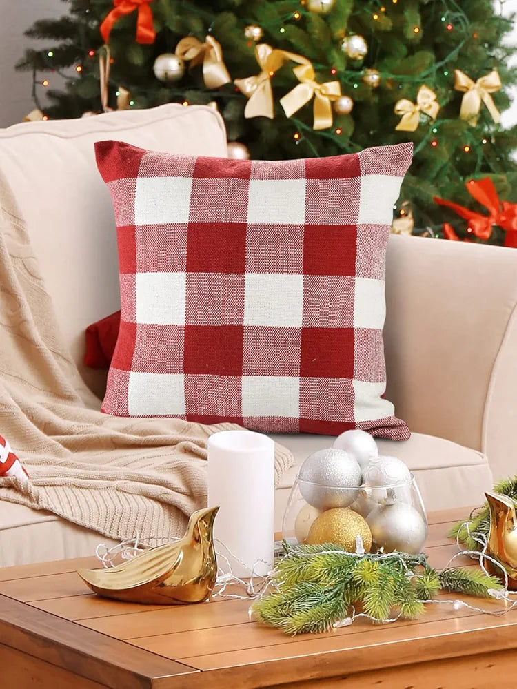SASHAA WORLD Cotton Check Cushion | Ideal for Sofa, Chair, Couch, Bed, Window Seat or Car | Perfect for Indoor & Outdoor Décor | Modern and Graceful Look for Your Home | 45x45 cm, Red and White
