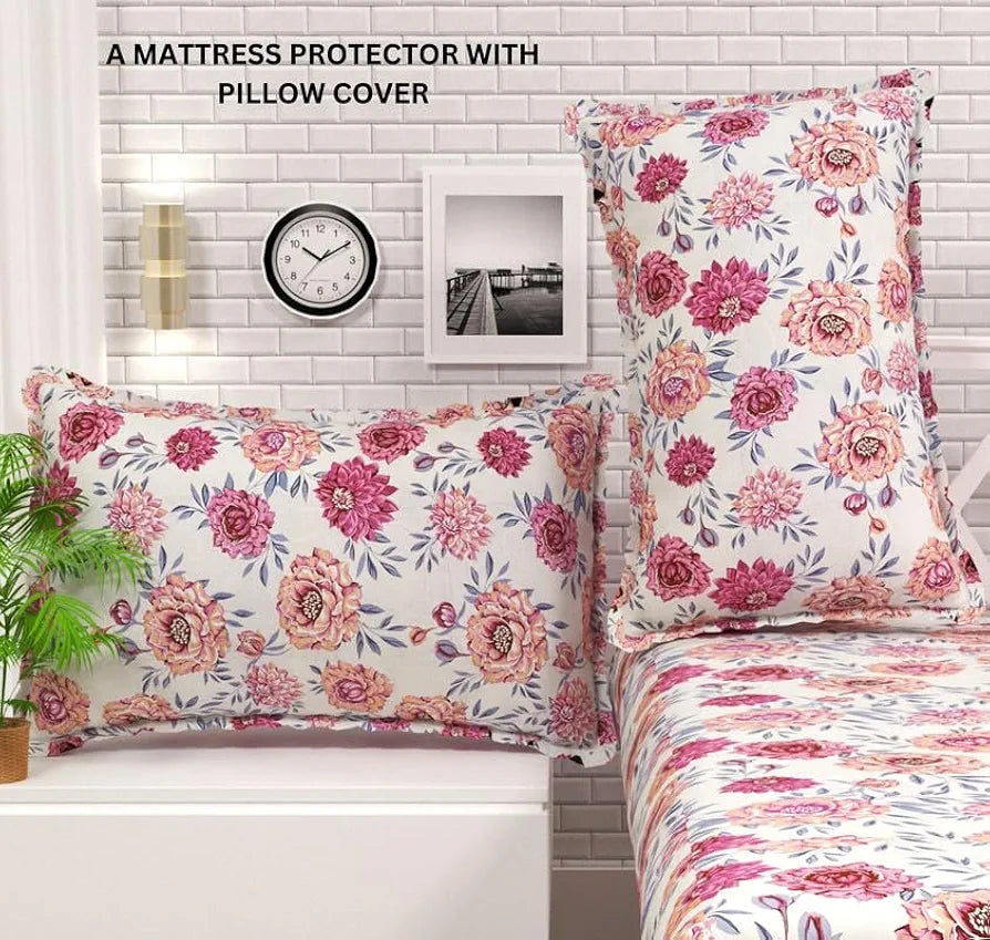 Waterproof Fitted Bedsheet for King Size 78x72+10 inch | Leakproof, Noiseless, Skin-Friendly | Elastic Bed Sheet with 2 Pillow Covers | Dustproof & Breathable -Pink & White