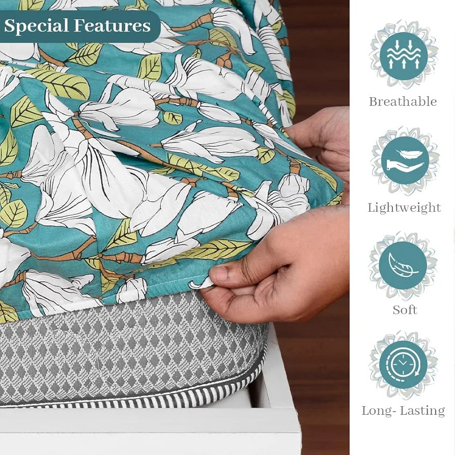 Divine Casa 144 TC Cotton Floral Print King Size Double Bed Elastic Fitted Bedsheet with 2 Pillow Cover - 78 x 72 inches
