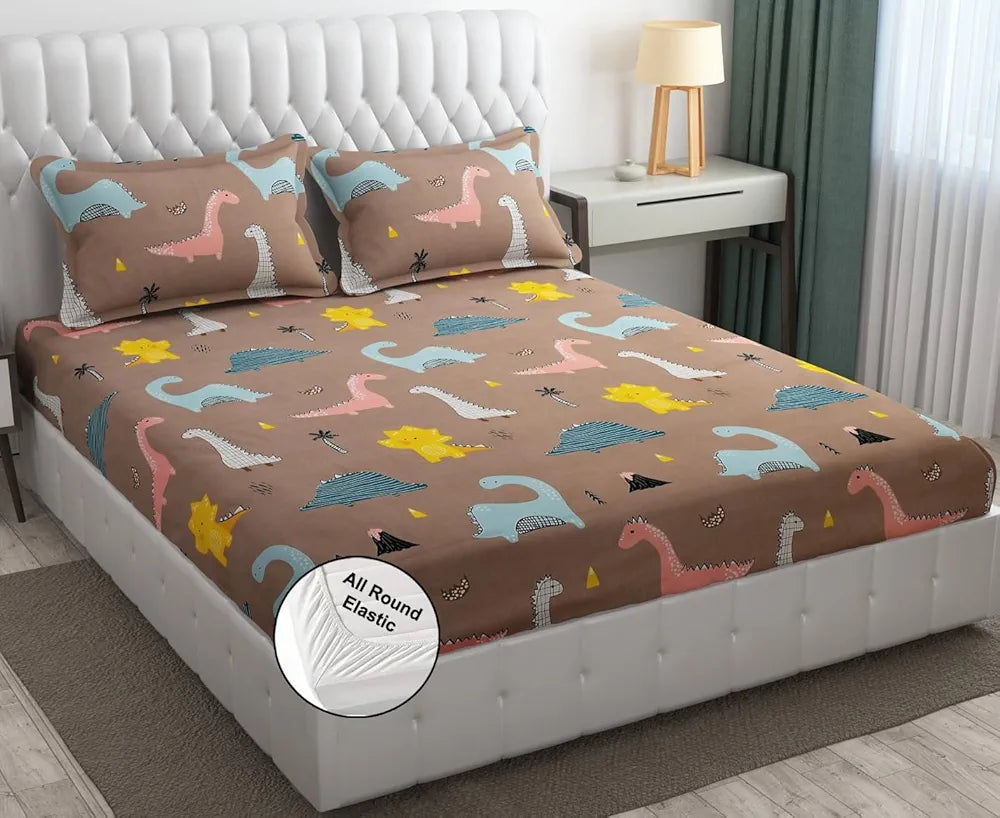 FRESH FROM LOOM Wrinkle Free Glace Cotton 300 TC Elastic Fitted Bedsheet For Kids With 2 Pillow Cover| Soft Skin Friendly|Anti Fade |Rosy/Dinosaur)