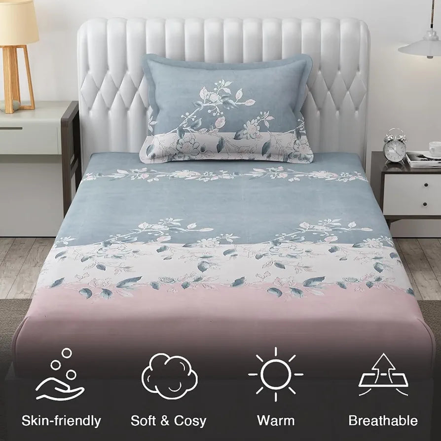 FRESH FROM LOOM Microfiber Single Bedsheet For Single Bed|Hypo-Allergenic Floral Design Bed Spread|Wrinkle Free Bedsheets/Bedcover|1 Pillow Covers Included,144 TC