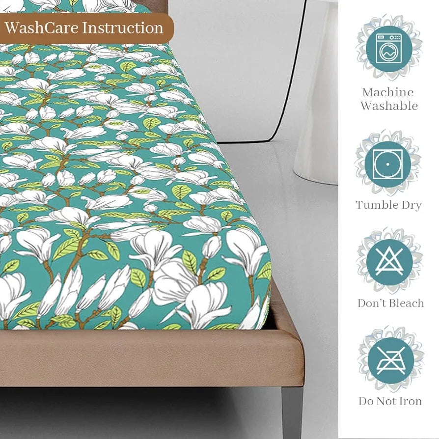 Divine Casa 144 TC Cotton Floral Print Queen Size Fitted Bedsheet with 2 Pillow Covers | Elastic & Comfortable Bedding | Aspen Green, 150 x 200 + 25 cm