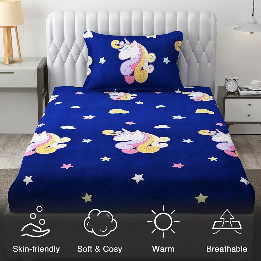 FRESH FROM LOOM Glace Cotton Wrinkle Free Soft Hypoallergenic Bed Sheet | Cartoon Printed Single Bedsheet Size for Kids with 2 Pillow Cover , 144 TC