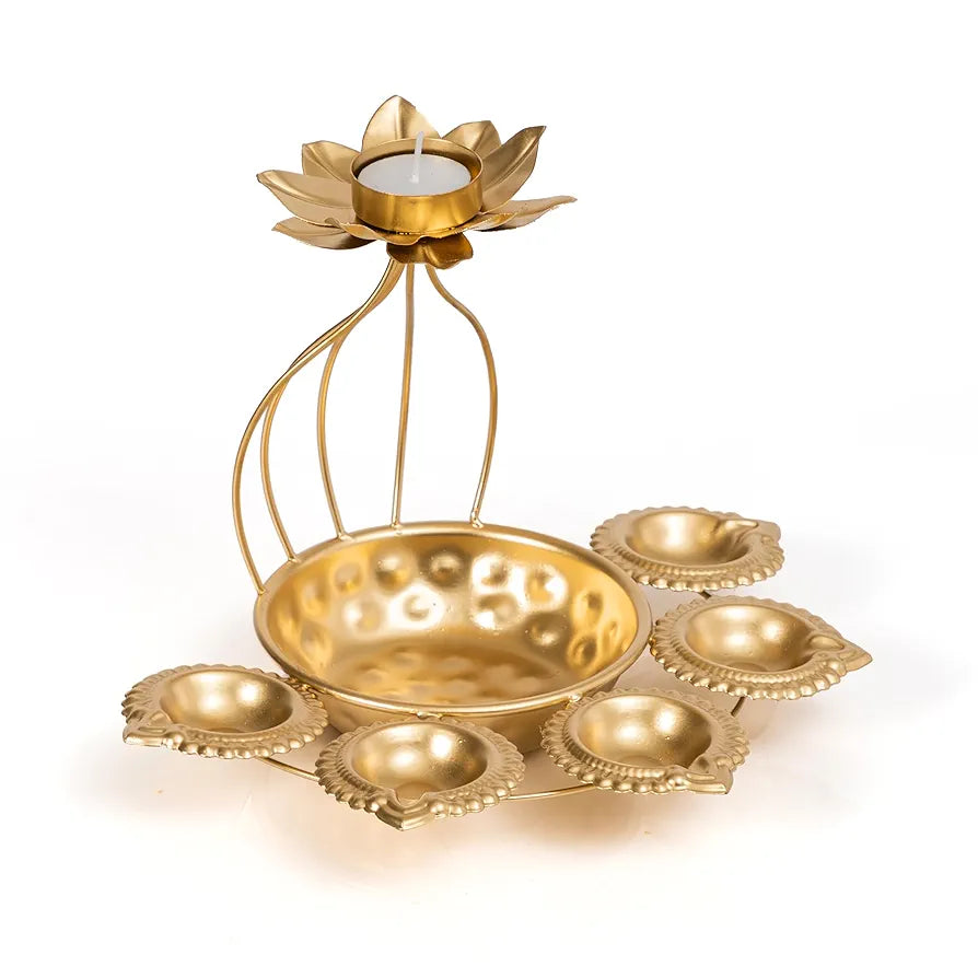 CraftVatika Metal Lotus Tealight Candle Holder for Diwali Decoration Items with Base of Urli Bowl and Diya - Gold , Diwali Gift Items