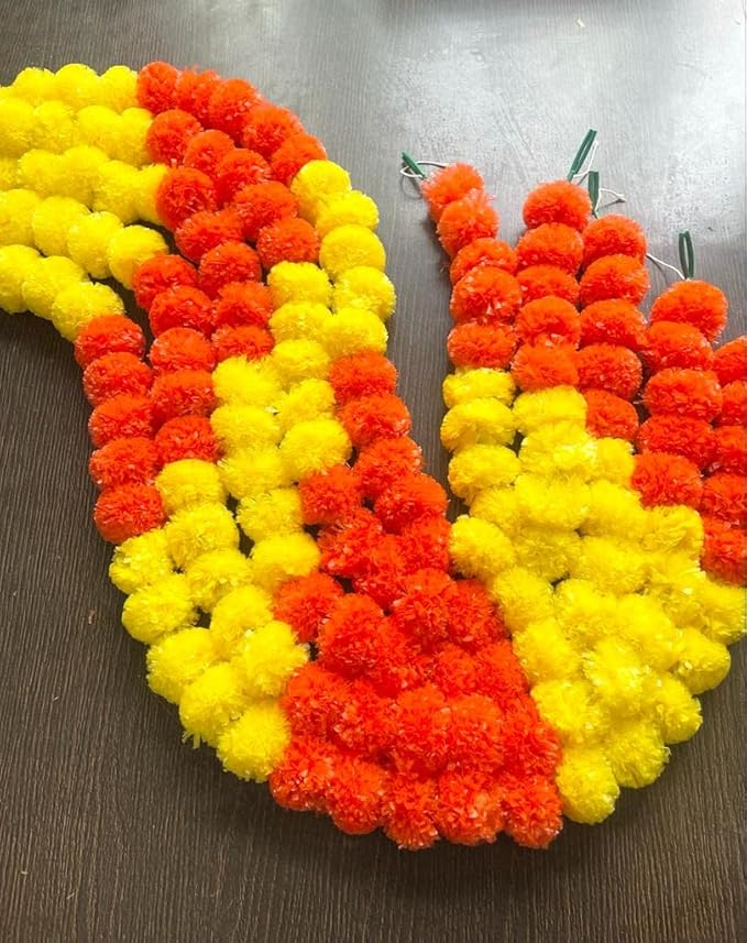 SPHINX Artificial Marigold Fluffy Flowers Garlands for Decoration - Pack of 5 (Yellow and Dark Orange Patterned)