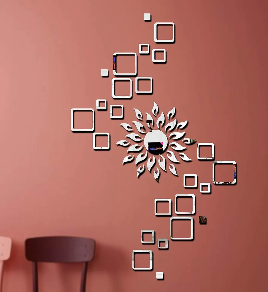 Bikri Kendra Glass Sun Silver Square Decorative Mirror Stickers for Wall - 4 Set 3D Acrylic Stickers for Hall Room, Bedroom, Kitchen, Living Room-Self-Adhesive
