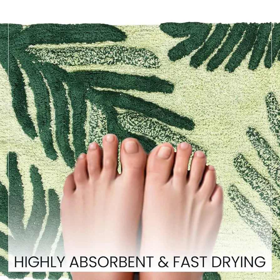 SASHAA WORLD Cotton Leaf Patterned Bathmat | Soft, Absorbent & Cozy | Anti-Skid Latex Backing for Stability | Perfect for Bathroom, Bedroom, Hotels, or Spa | 50x80 cm, Green