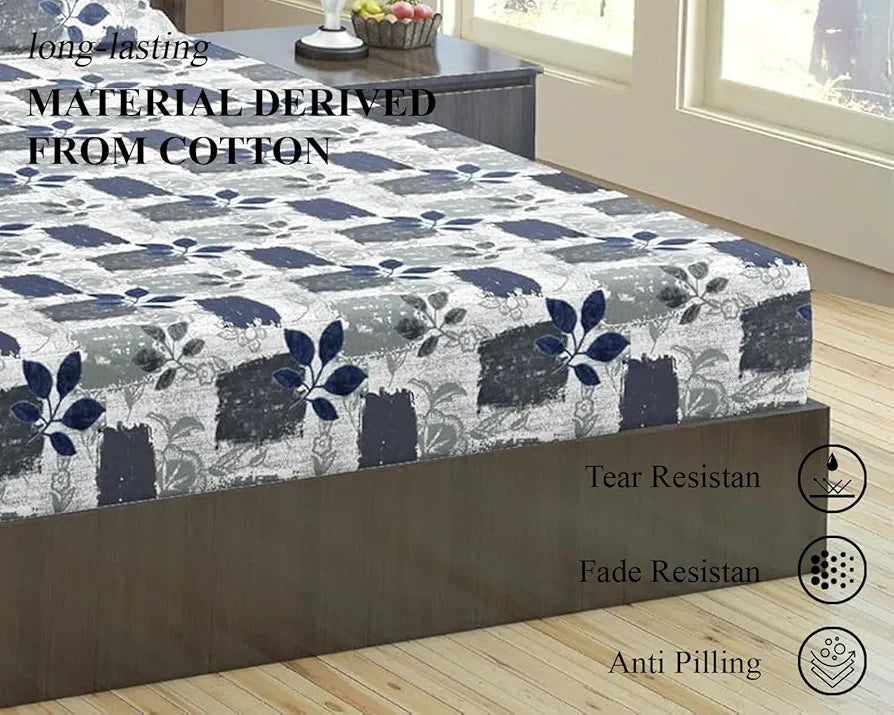 Trance Home Linen 100% Cotton 144Tc Elastic Fitted Bedsheet | Printed King Bed Size Elasticated Fitted Bedspread with 2 Pillow Covers 