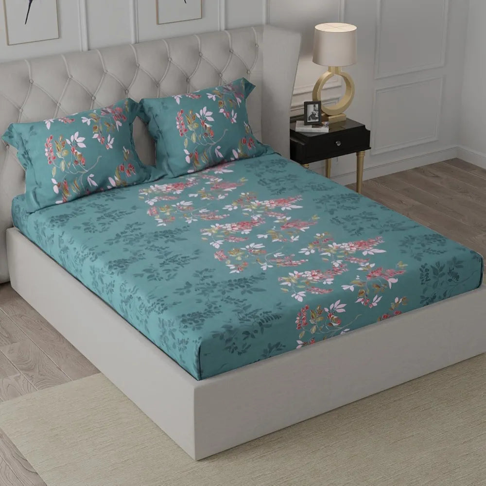 Cloth Fusion 186tc Glace Cotton Elastic Fitted Bedsheet for Double Bed King Size with 2 Pillow Covers, Soft Wrinkle Free Elastic Bedsheets for King Size Bed 