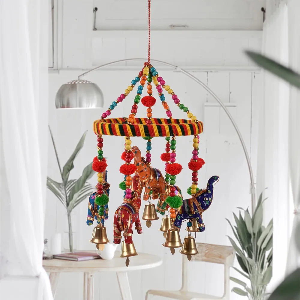 Kuber Industries Rajasthani Traditional Windchimes|Hanging Ring Elephant with Bells|Polyester Handcrafted Latkan|Decorative Door Hanging Latkan 