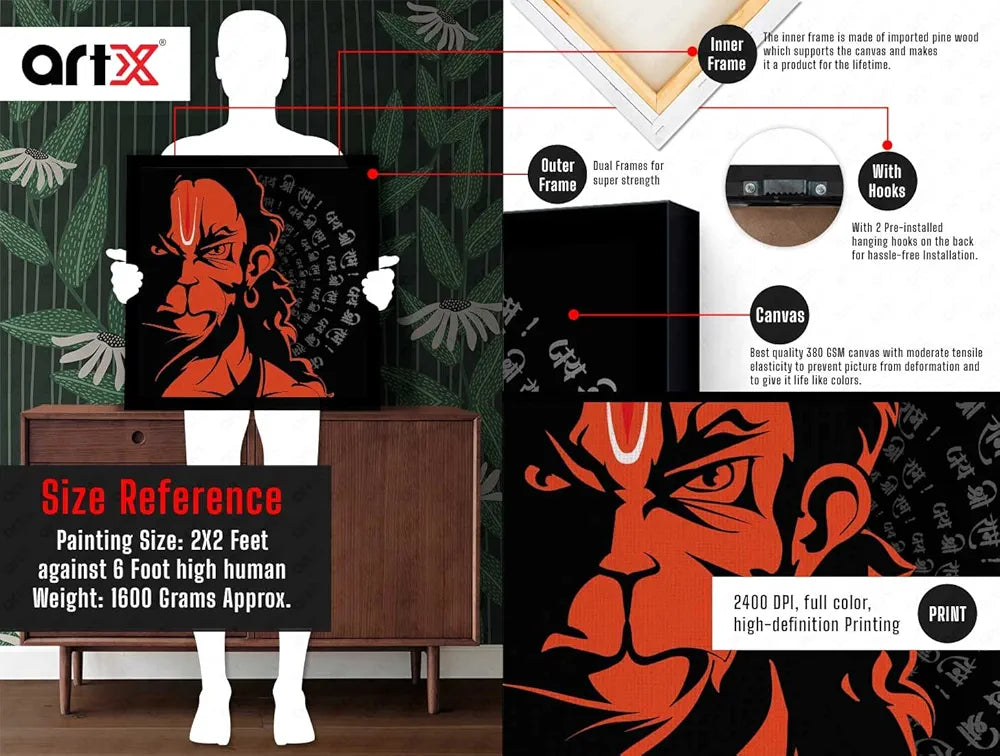 ArtX Hanuman Ji With Mantra Big Canvas Painting For Living Room With Frame, Multicolour, Square, 24.0 x 24.0 inch, 2x2 Feet, Set Of 1