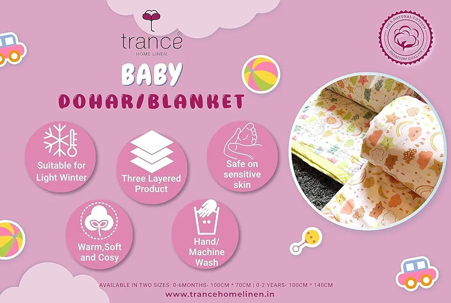 Trance Home Linen Pure Malmal Cotton Multipurpose Baby Dohar | 3-Layered Baby Swaddle | Soft -Lightweight Baby Blanket | Crib Blanket 