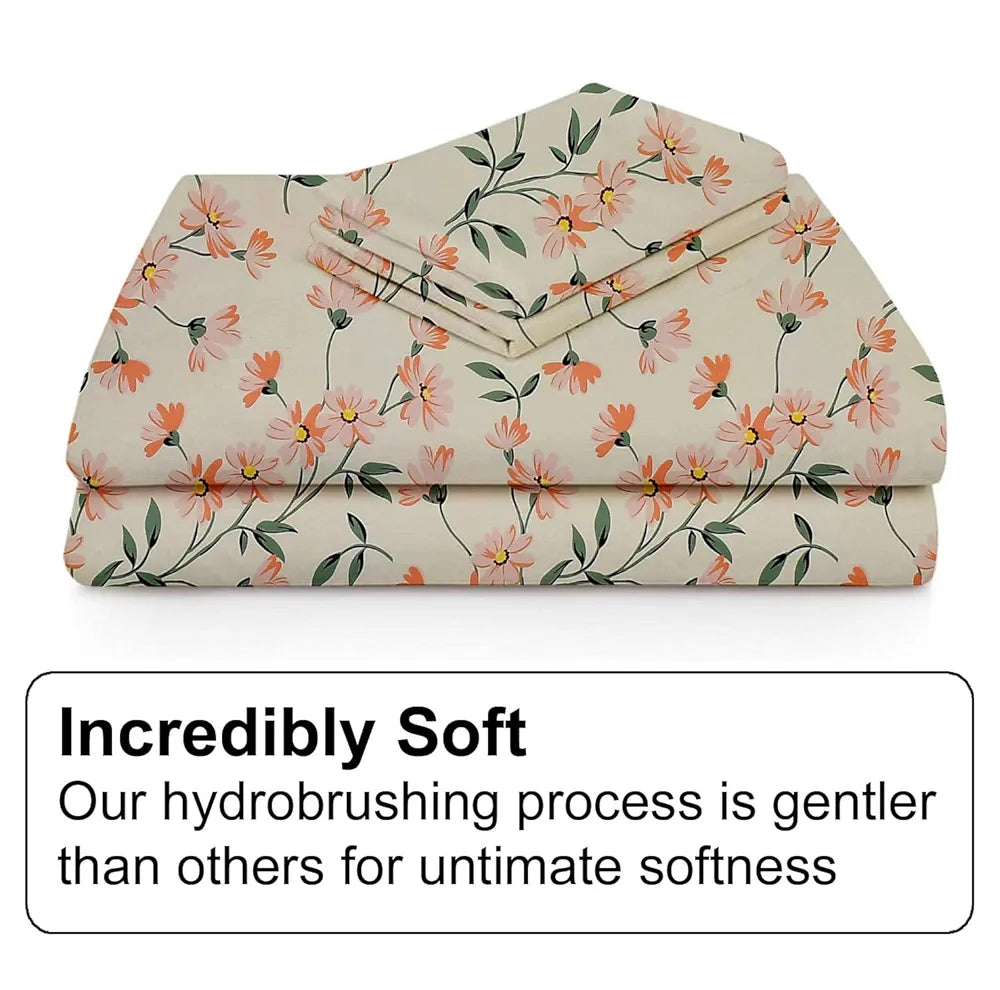 FRESH FROM LOOM King Size Microfiber Floral Print Fitted Bedsheet - 240 TC, Hypoallergenic, Includes 2 Pillow Covers  | Barely-Peach)