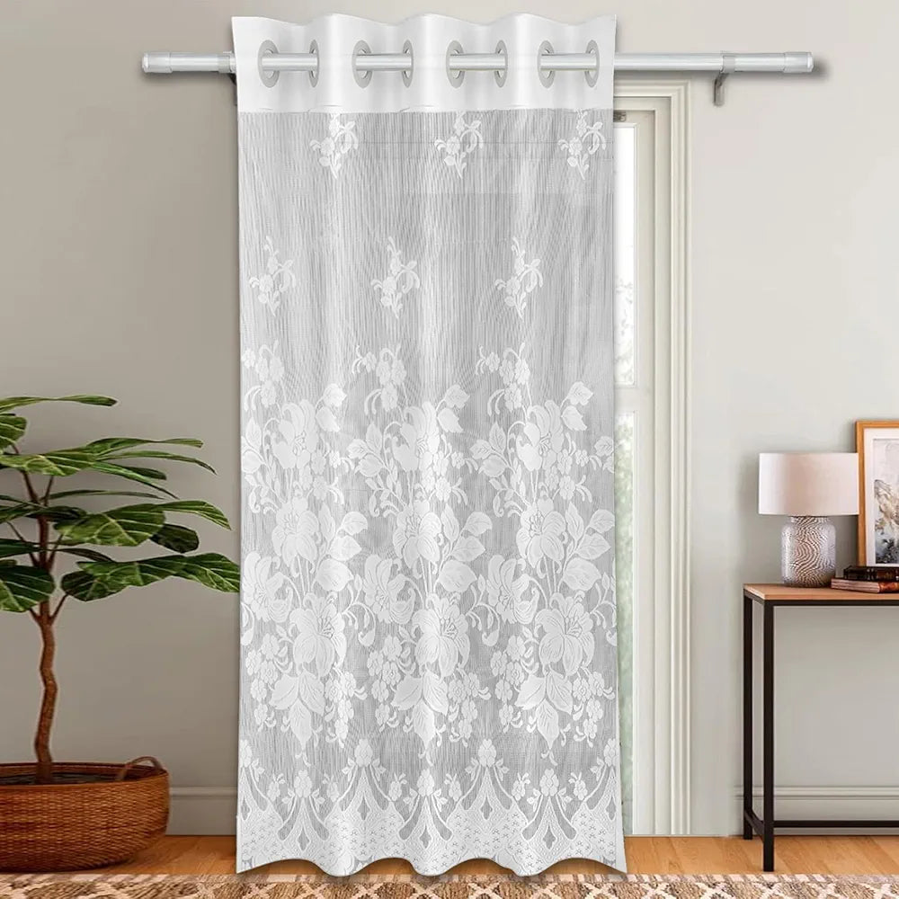 Kuber Industries Cotton Door Curtains with 8 Rings |Premium Drapes for Bedroom |Parda for Living Room|Net Frill Door Curtain|7 Ft|SY27|White
