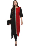 Janasya Women's Black and Red Poly Crepe Asymmetric Kurta