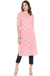 Janasya Women's Pink Straight Cotton Kurta - L