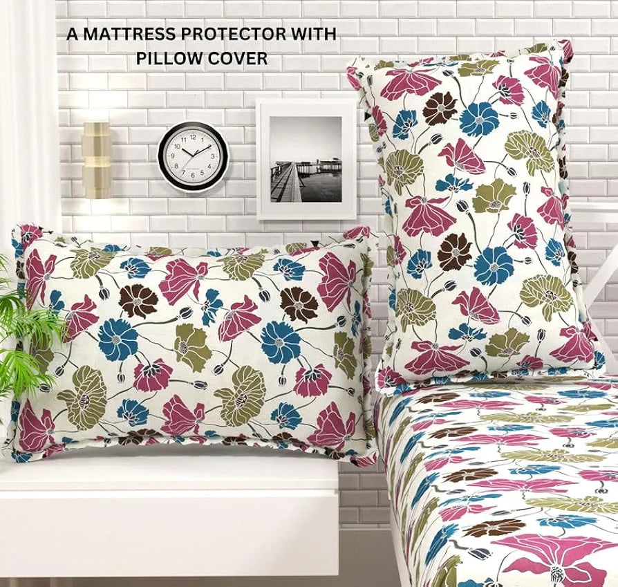 HOMEKART Waterproof Fitted Bedsheet for King Size 78x72+10 inch | Leakproof, Noiseless, Skin-Friendly | Elastic Bed Sheet with 2 Pillow Covers | Dustproof & Breathable -White & Blue