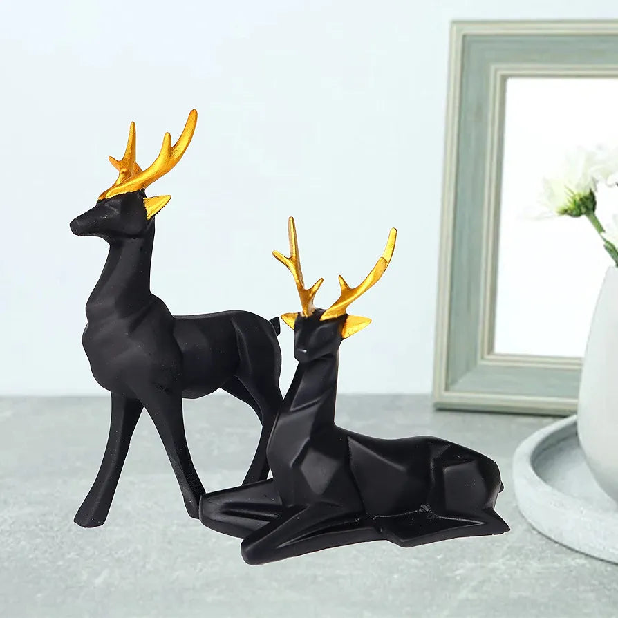 JAIPUR ACE Deer Hiran Set Polyresin Black Themed Statue and Artifacts for Home Decor, Living Room, Wall Decoration Showpiece Gifting, Interiors & Diwali 