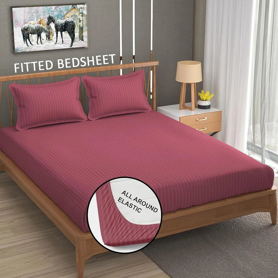 Homefab India 160 TC Stripe Cotton Feel Glace Cotton Elastic Fitted King Size Double Bed Bedsheet with 2 Pillow Covers Fits Upto 6 inches Mattress, Size-72X78 inches, Pink