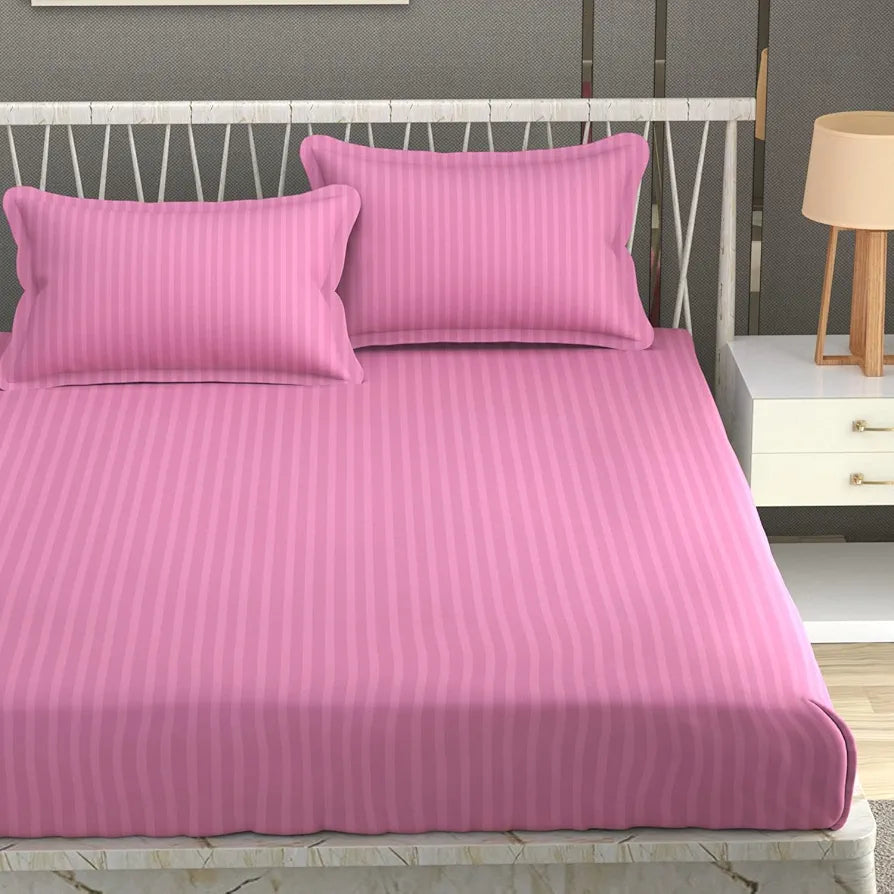 FRESH FROM LOOM Microfiber Wrinkle Resistant | Soft Skin Safe | Breathable King Size Flat Striped Bedsheets | Hotel & Home | Double Bedsheet Set With 2 Pillow Covers , 144 Tc