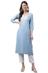 Janasya Women's Light Blue Rayon Solid Straight Kurta