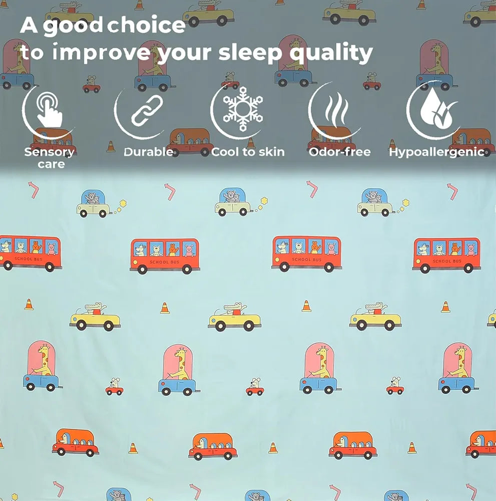 FRESH FROM LOOM 300 TC Glace Cotton Soft Hypoallergenic Elastic Fitted Bed Sheet with 2 Pillow Cover|Cartoon Printed|Kids Bedsheet |Aqua/Bus), queen